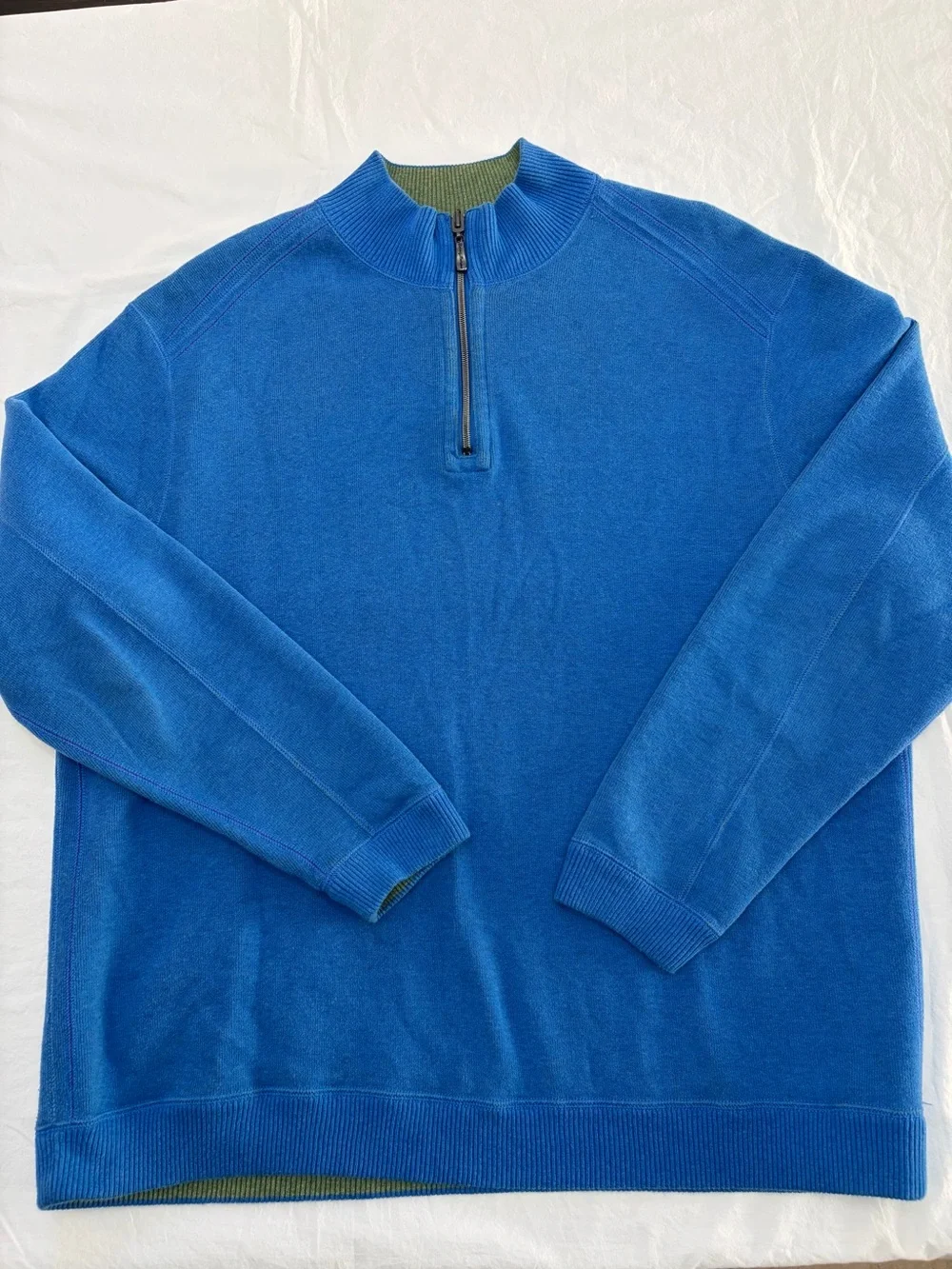 Tommy Bahama Quarter Zip Sweater Mens XL Blue Olive Green Contrast Trim Cotton